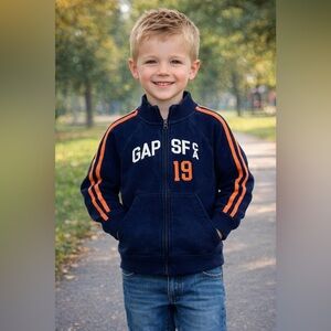 Gap Boys Fleece Varsity Jacket Size Small 6/7 Navy Orange Full Zip Pockets